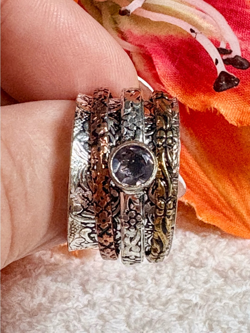 Elegant Gold and Purple Amethyst Floral spinner/fidget Ring-genuine